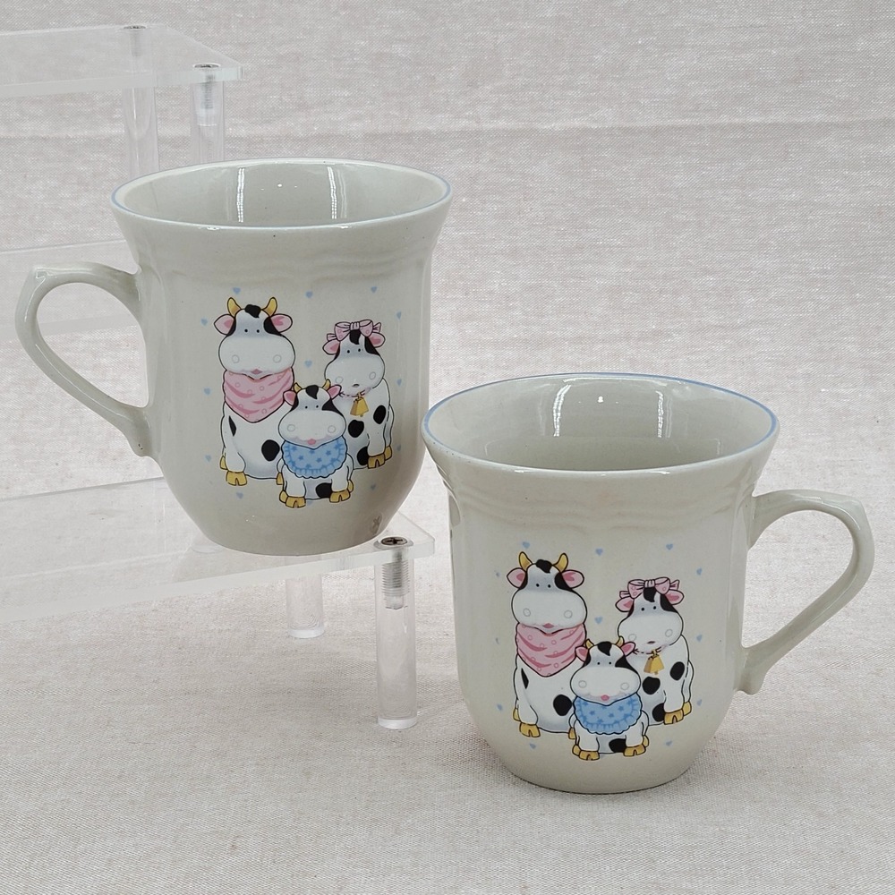 Vintage Tienshan Stoneware Coffee Mugs Set of 2 Cute Cow Family Countrycore